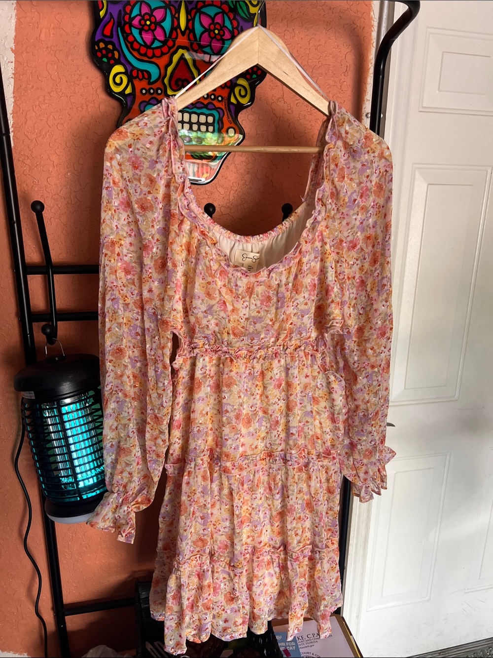 Jessica Simpson Peach Pink Floral Long Sleeve Ruffle Tiered Dress